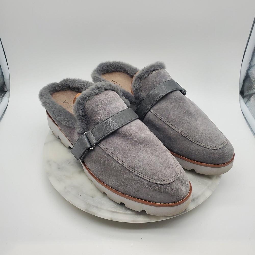Vionic Kailen Suede Mules Women's Size 10 Gray Faux Fur Lined Orthotic Lug Sole